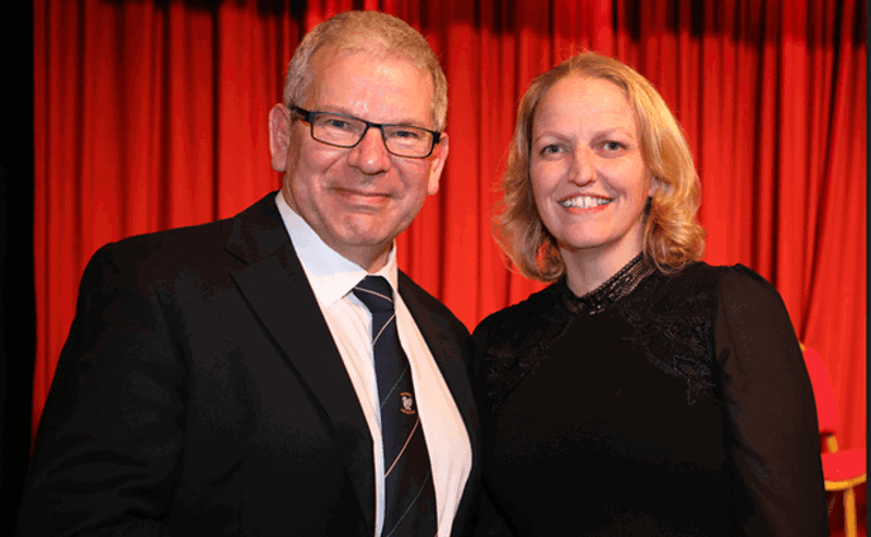 Dorset Cricket League Chairman Peter Constable with Sally Sommers Wessex Internet Head of Marketing