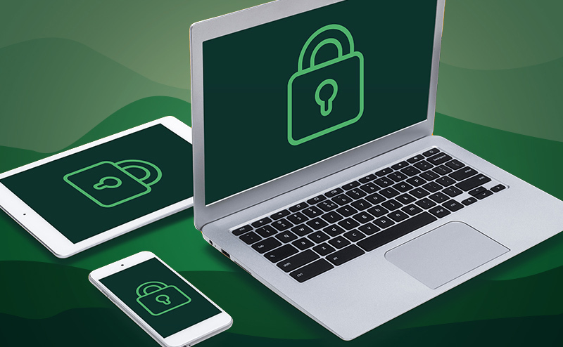 Graphic of a laptop mobile phone and iPad all with padlocks on the screen